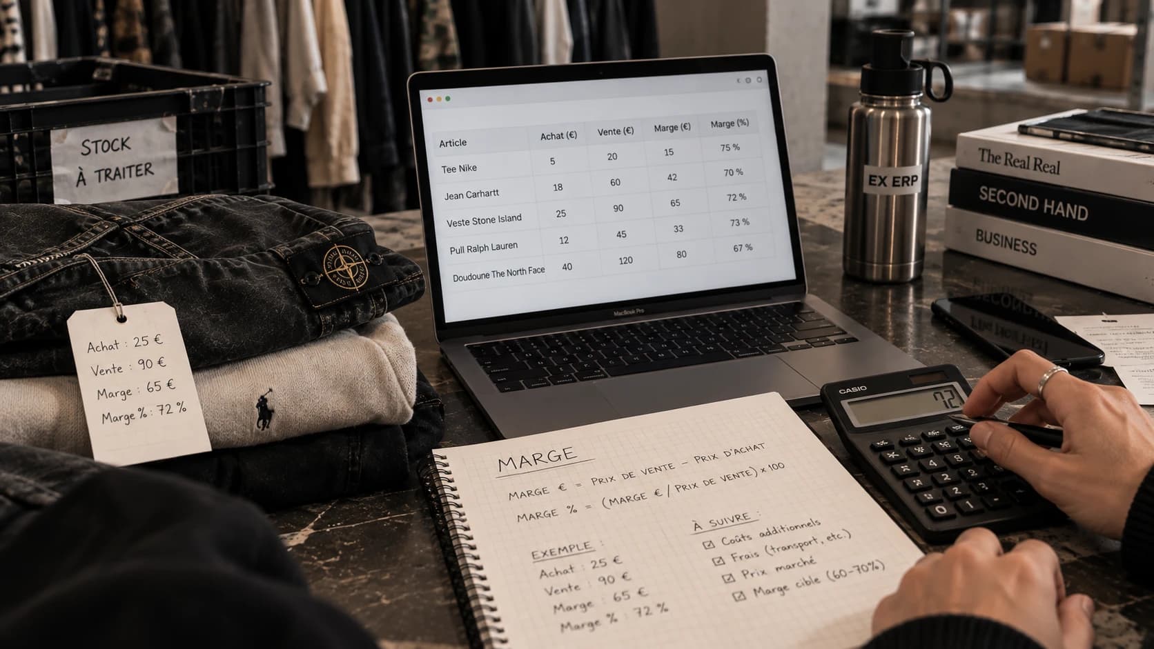 Calcul de la marge sur des vêtements de seconde main